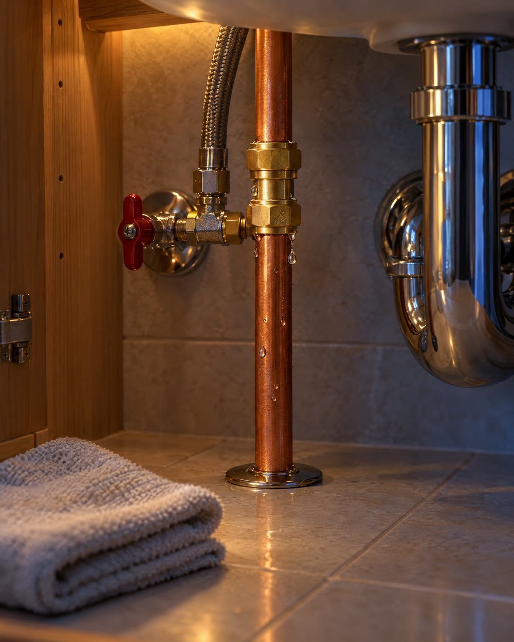 Tuyau en cuivre sous un évier, une fuite d'eau en train d'être réparée
