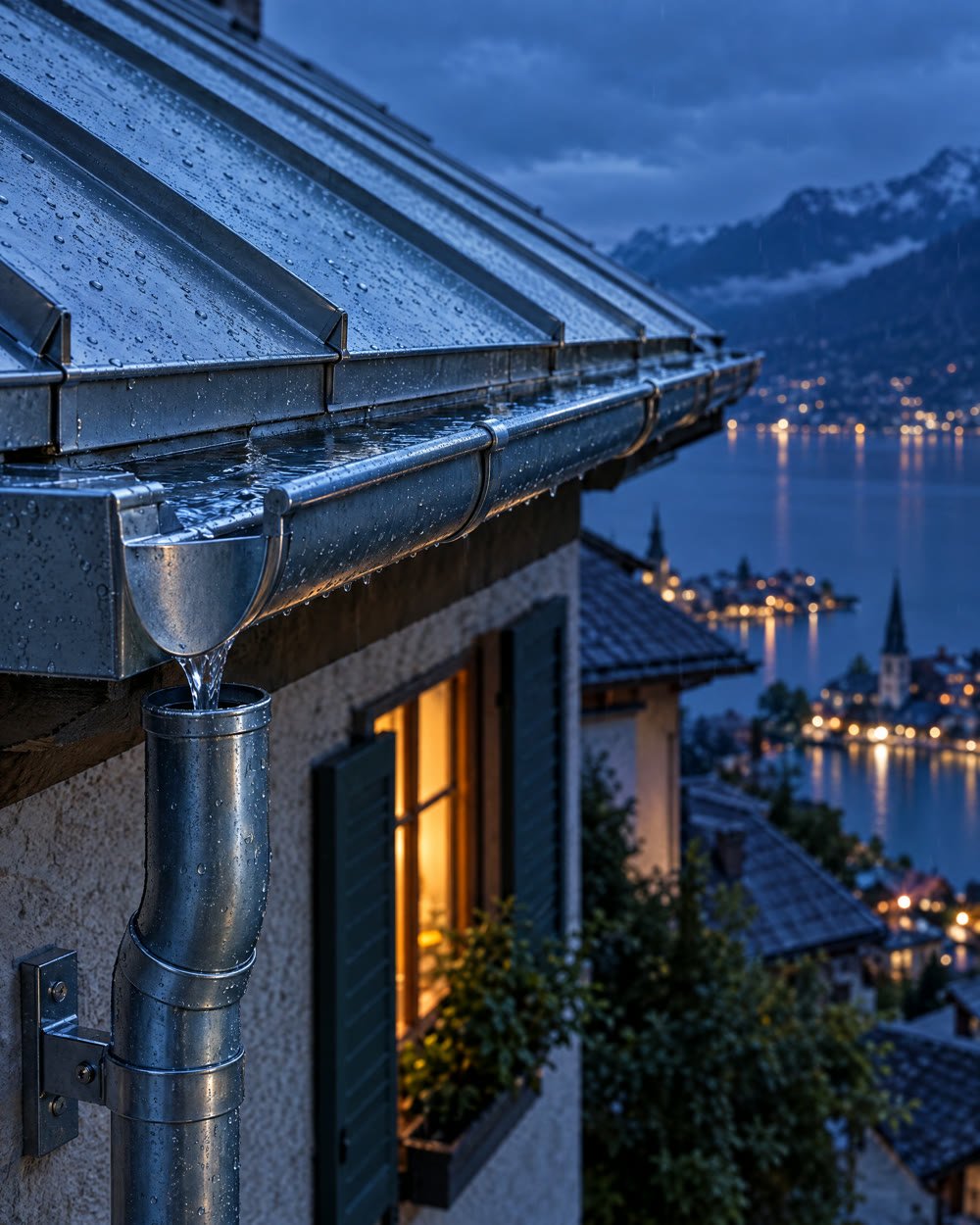 Chéneau en zinc sous la pluie au crépuscule
