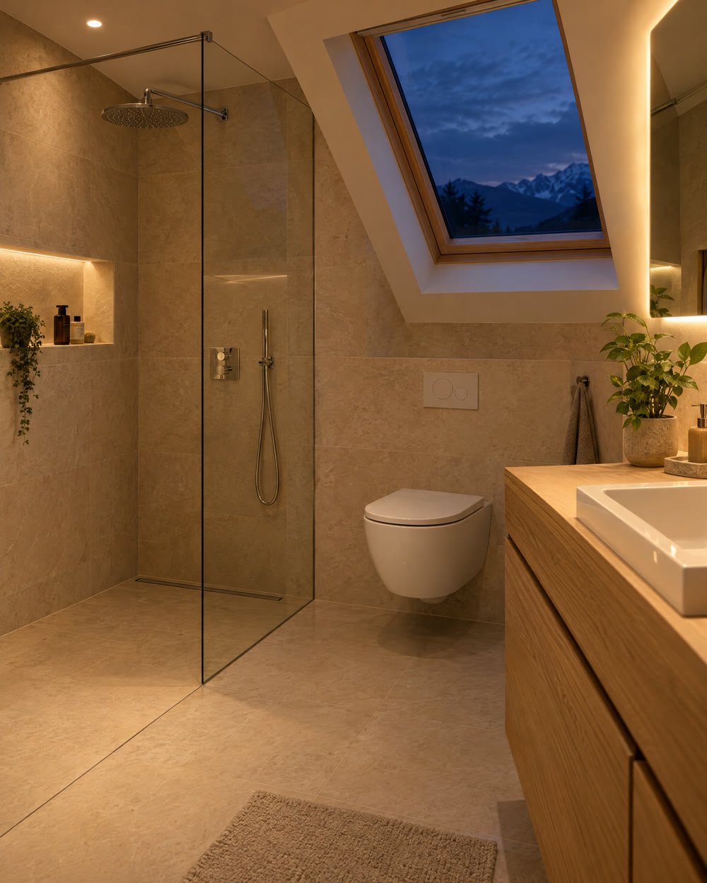 Salle de bain lumineuse avec lavabo et robinetterie chromée