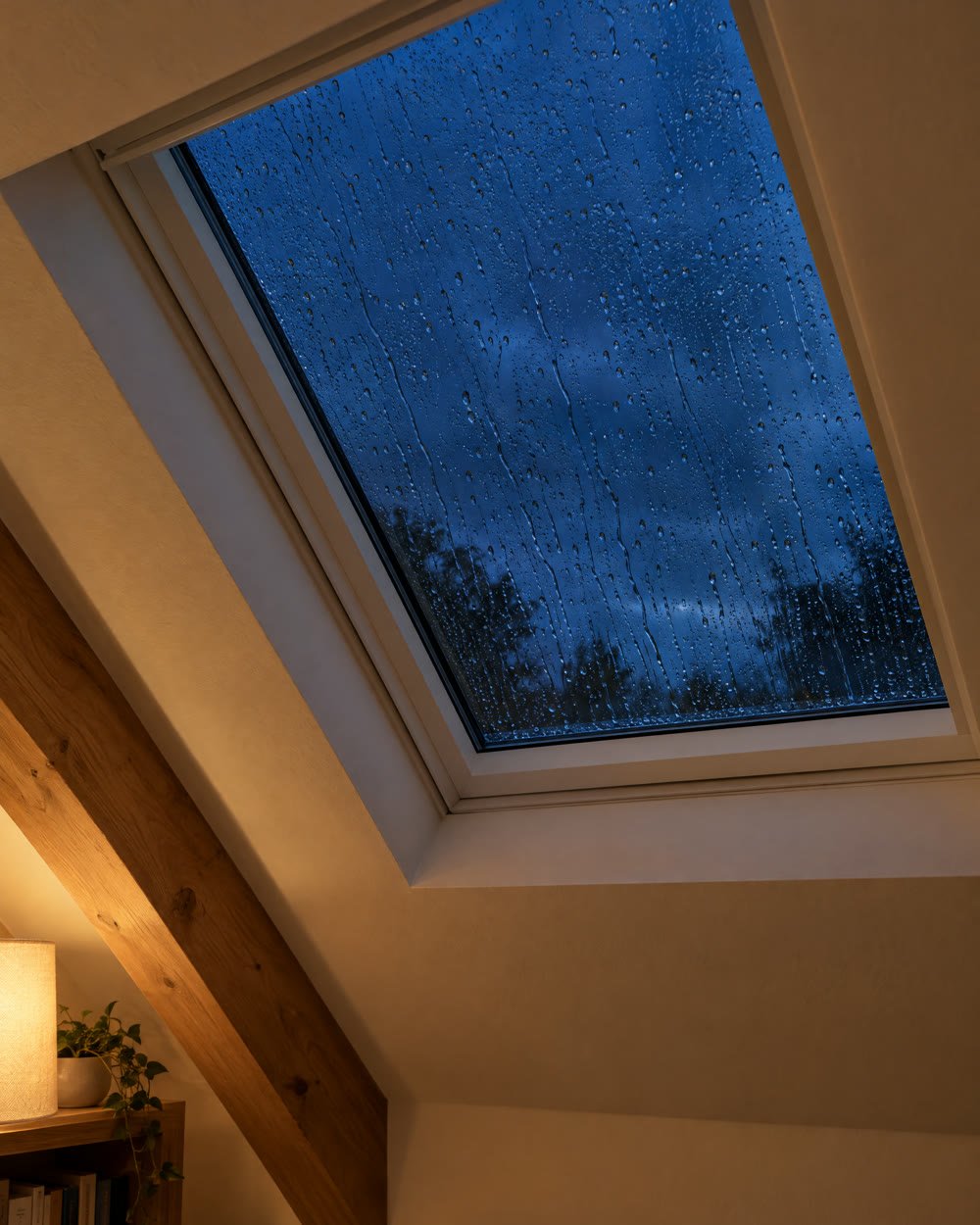 Fenêtre de toit vue de l'intérieur, gouttes de pluie sur le vitrage
